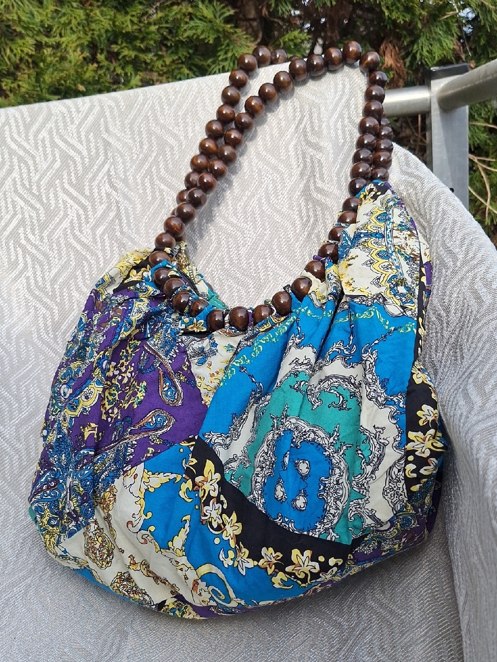 HAND CRAFTED Bohemian Patch work Beaded Handle HAND Bag - Blue & Purple - Picture 5 of 14